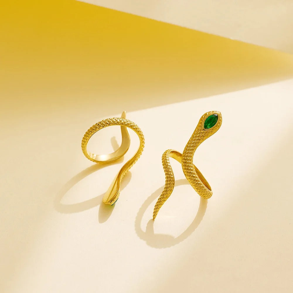 Vergulde Groene Zirkoon Slang Ring - Medusa