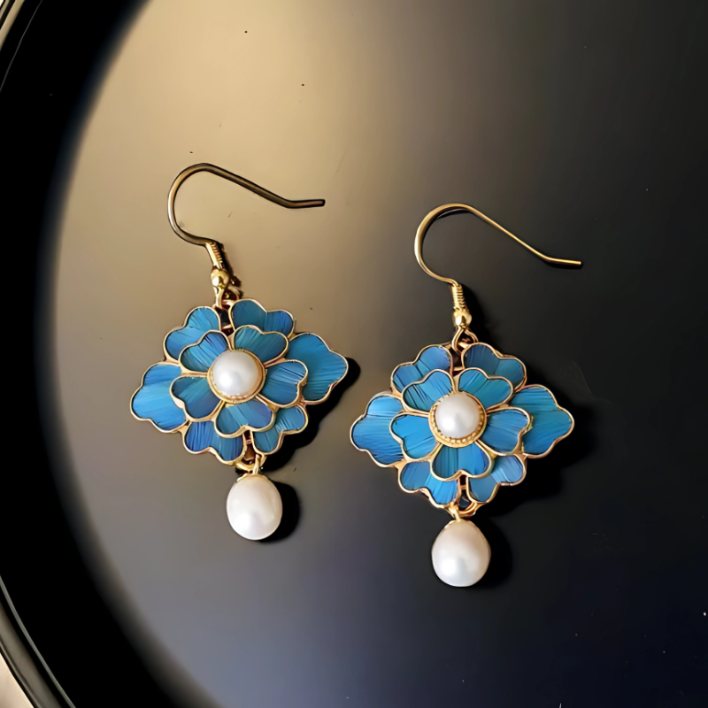 Vintage Blauwe Lotus Parel Oorbellen - Evangeline
