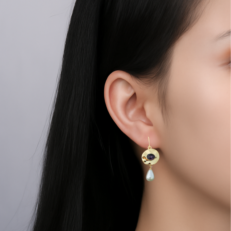 Vintage Gouden Paarse Zirconia Parel Oorbellen - Norma