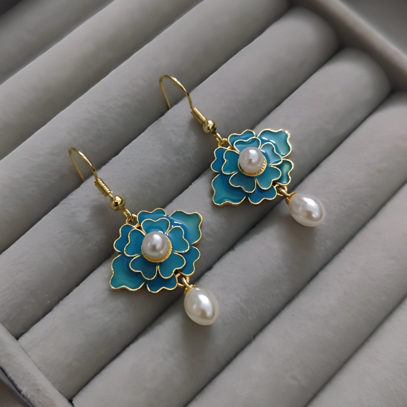 Vintage Blauwe Lotus Parel Oorbellen - Evangeline