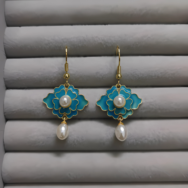 Vintage Blauwe Lotus Parel Oorbellen - Evangeline