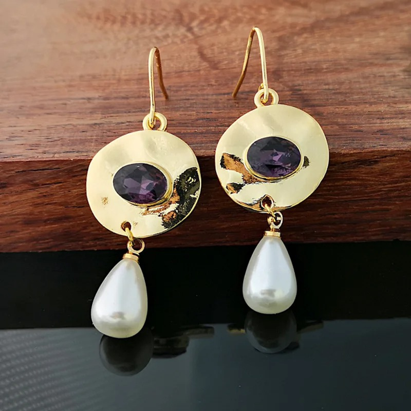 Vintage Gouden Paarse Zirconia Parel Oorbellen - Norma