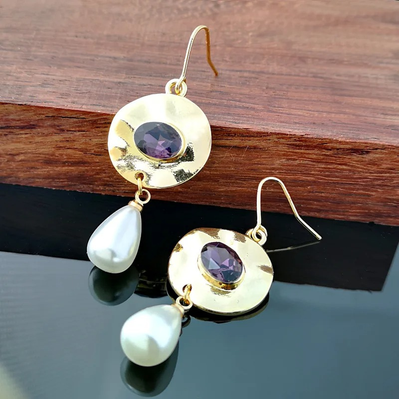 Vintage Gouden Paarse Zirconia Parel Oorbellen - Norma