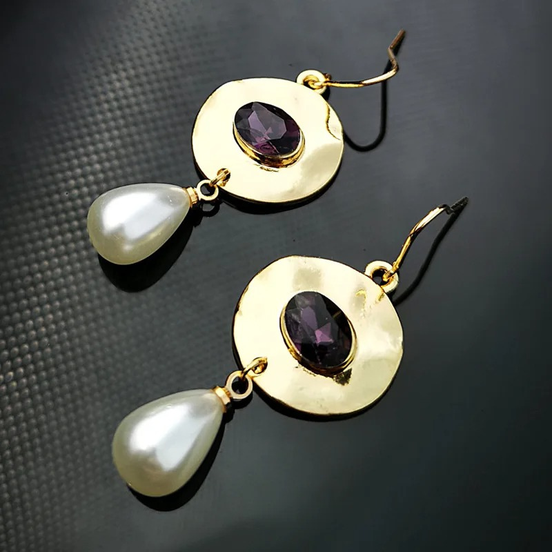 Vintage Gouden Paarse Zirconia Parel Oorbellen - Norma
