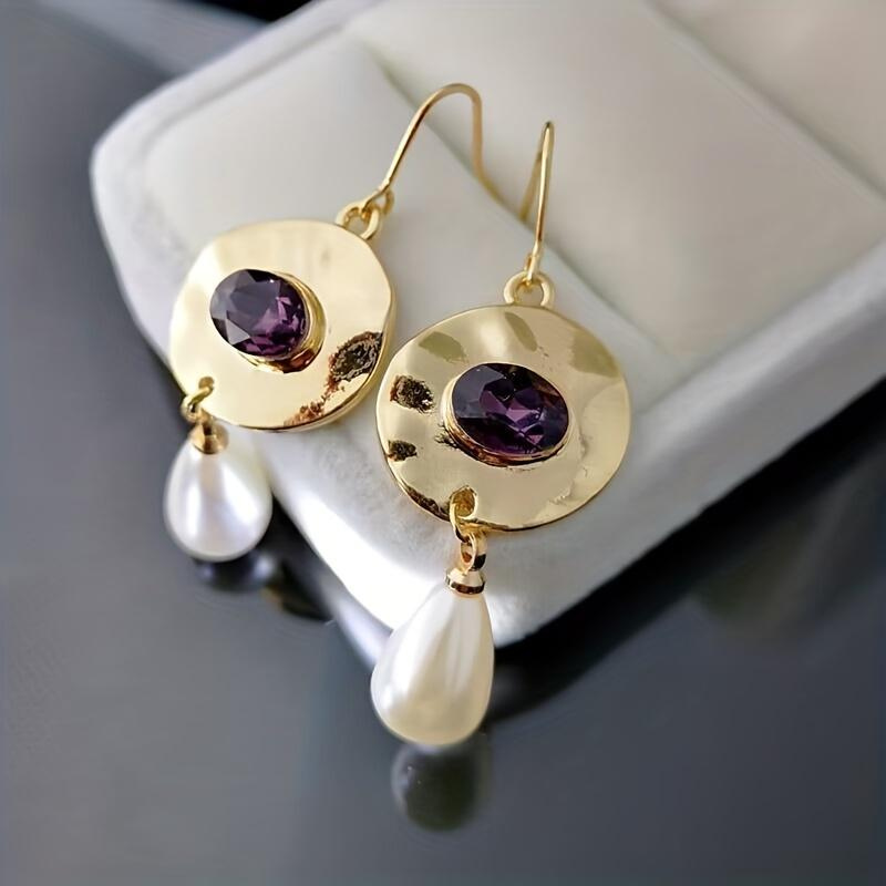 Vintage Gouden Paarse Zirconia Parel Oorbellen - Norma