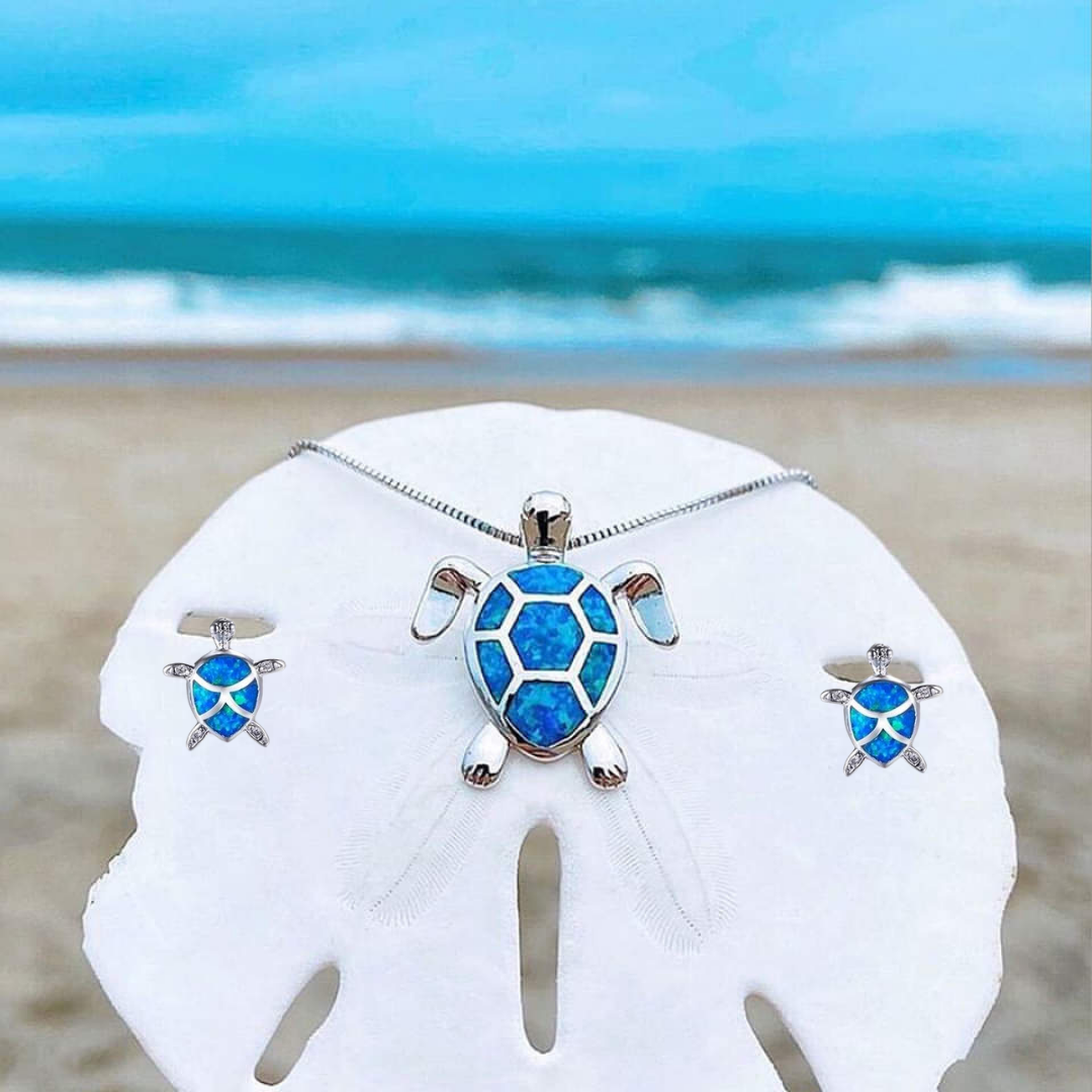 Zeeschildpad Ketting + Oorbellen In Opaal En Zilver | Zilver