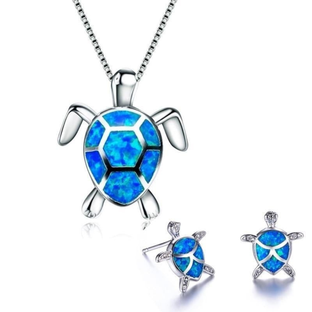Zeeschildpad Ketting + Oorbellen In Opaal En Zilver | Zilver