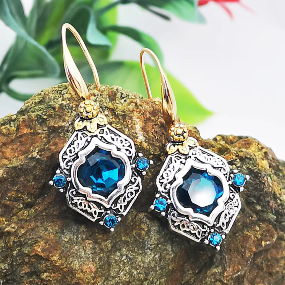 Vintage Blauwe Kristal Gouden Oorbellen | Goud