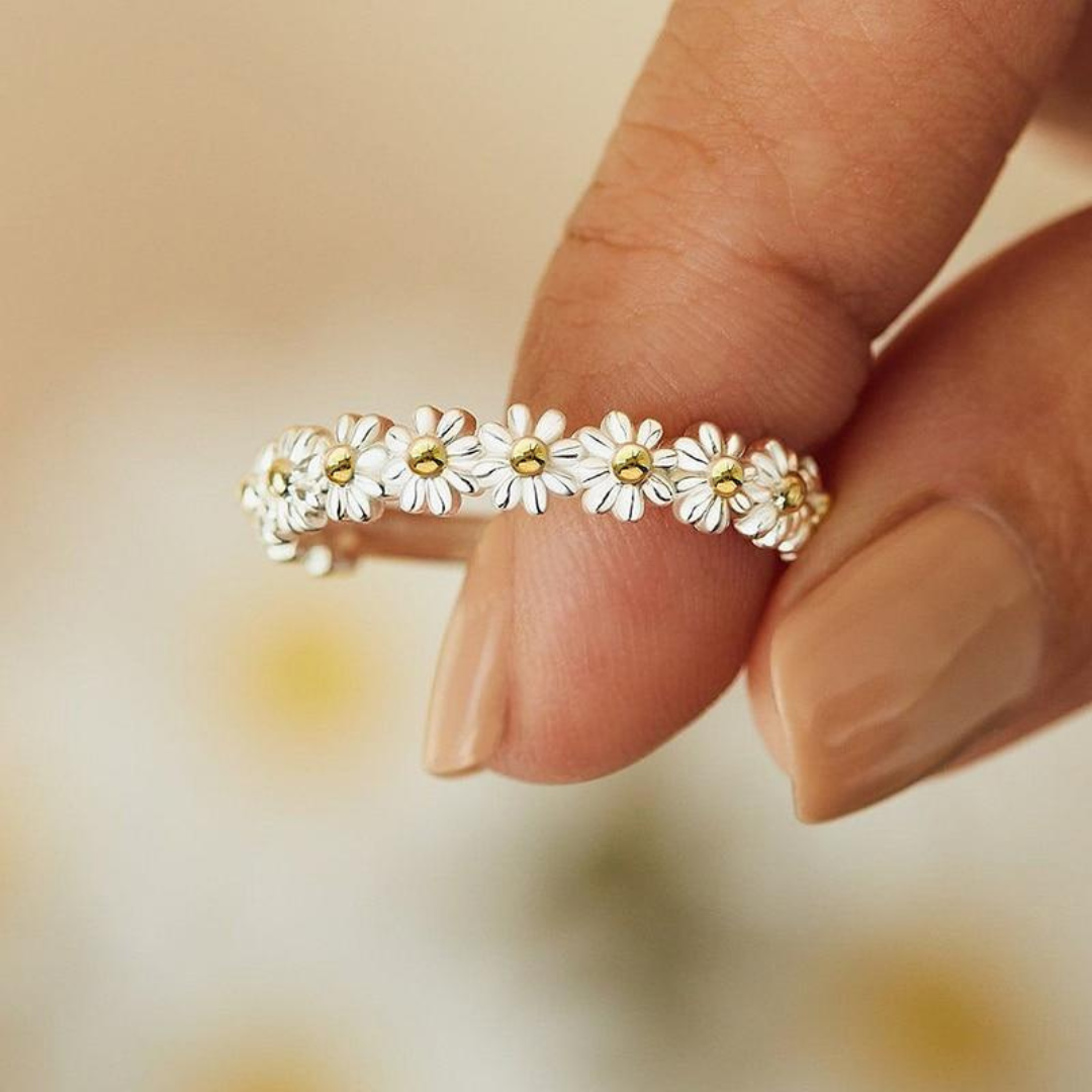 Verstelbare zilveren en handgeschilderde emaille Daisy Ring | Zilver
