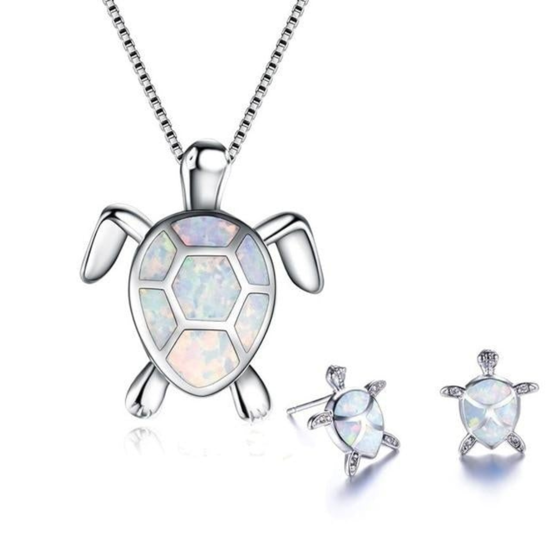 Zeeschildpad Ketting + Oorbellen In Opaal En Zilver | Zilver