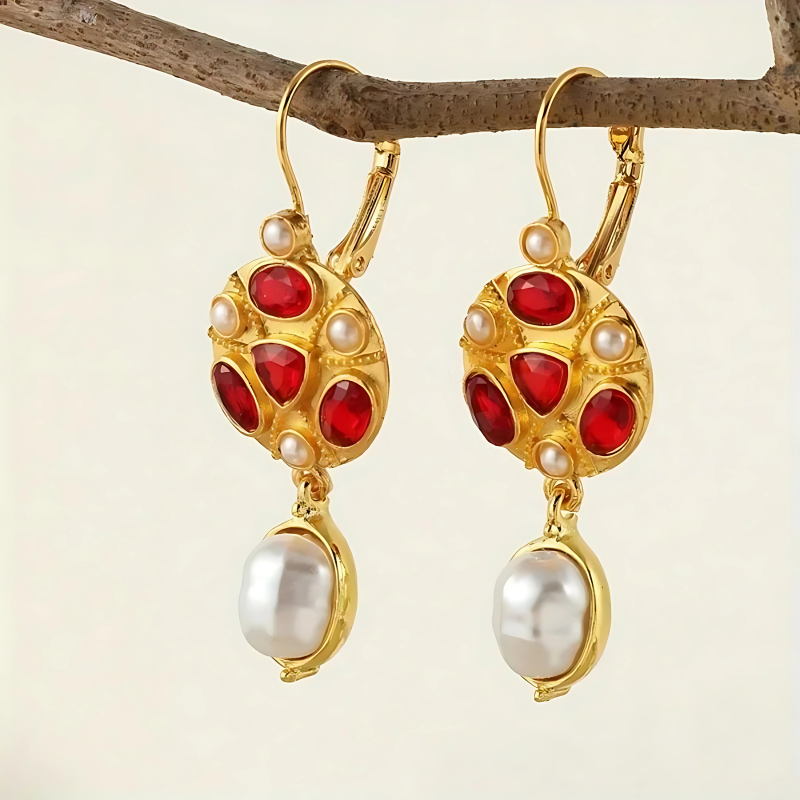 Rode Edelsteen Gouden Druppel Oorbellen - Pearl