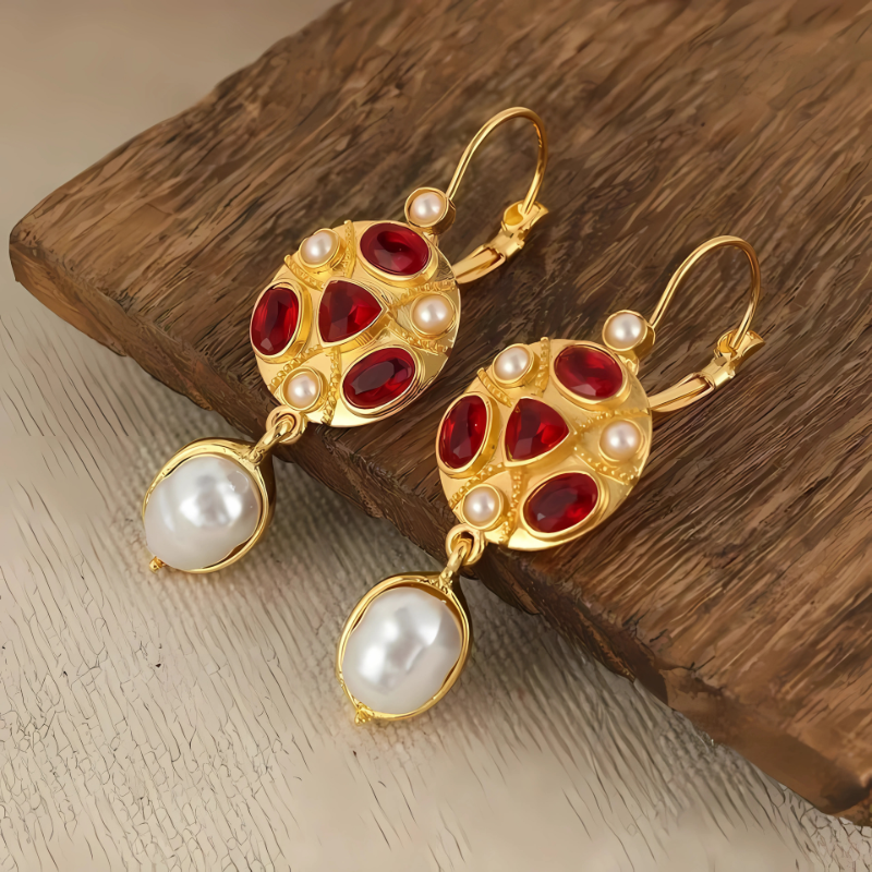 Rode Edelsteen Gouden Druppel Oorbellen - Pearl