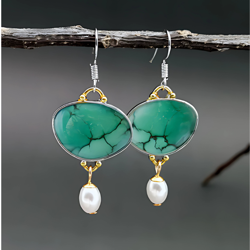 Vintage Turquoise Steen Parel Oorbellen - Cecilia