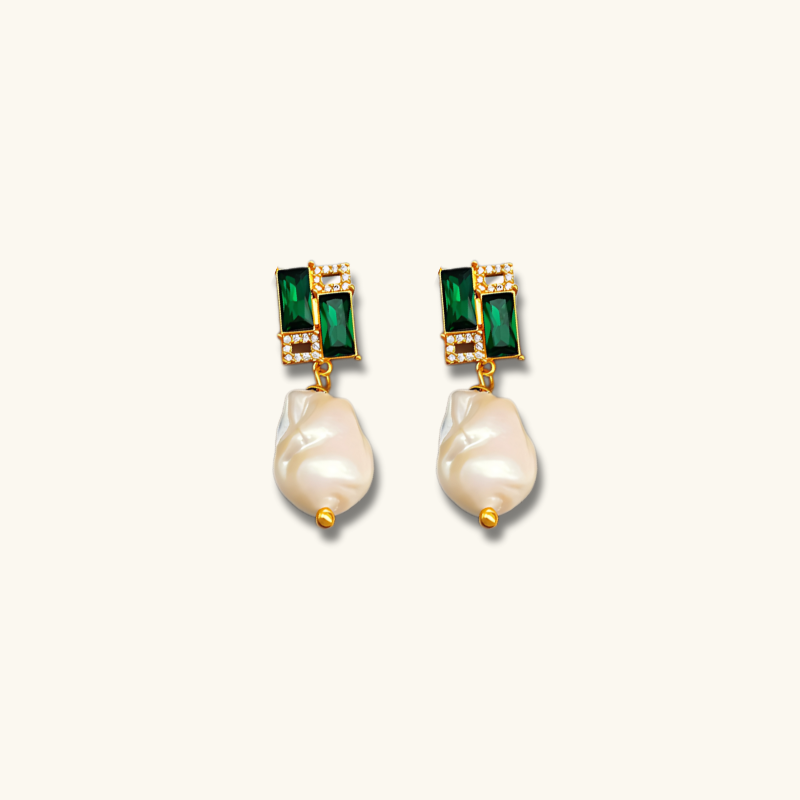 Parel Oorbellen met Groen Glas - Wei