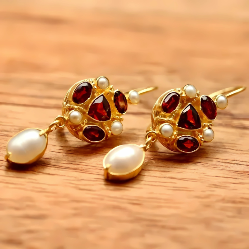 Rode Edelsteen Gouden Druppel Oorbellen - Pearl