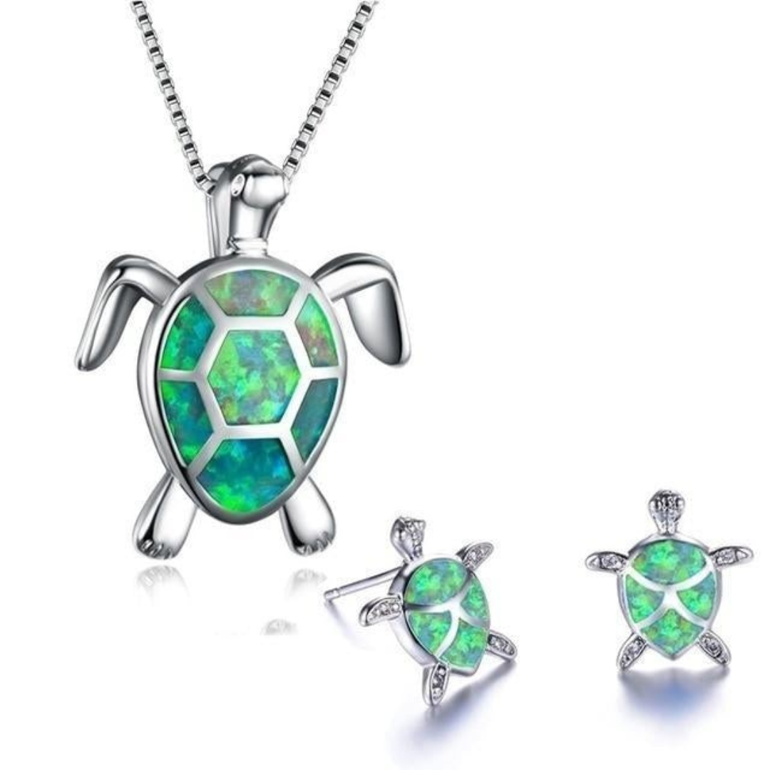 Zeeschildpad Ketting + Oorbellen In Opaal En Zilver | Zilver