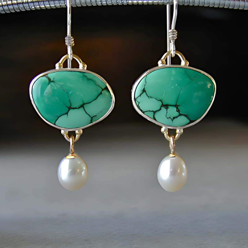 Vintage Turquoise Steen Parel Oorbellen - Cecilia