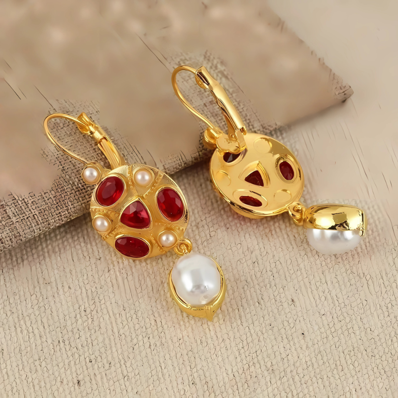 Rode Edelsteen Gouden Druppel Oorbellen - Pearl