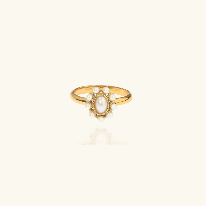 Vergulde Zonnebloem Ring met Witte Parel - Janice