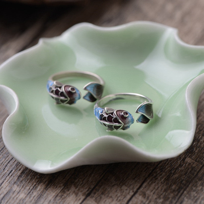 Verstelbare Zilveren Ring Koi Vis Blauw Bruin – Lotte