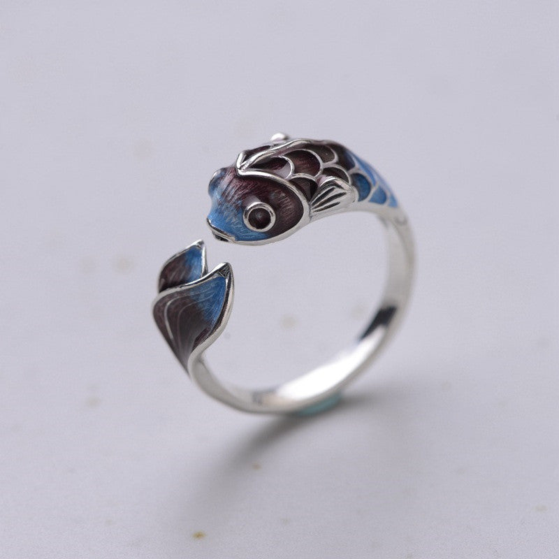 Verstelbare Zilveren Ring Koi Vis Blauw Bruin – Lotte