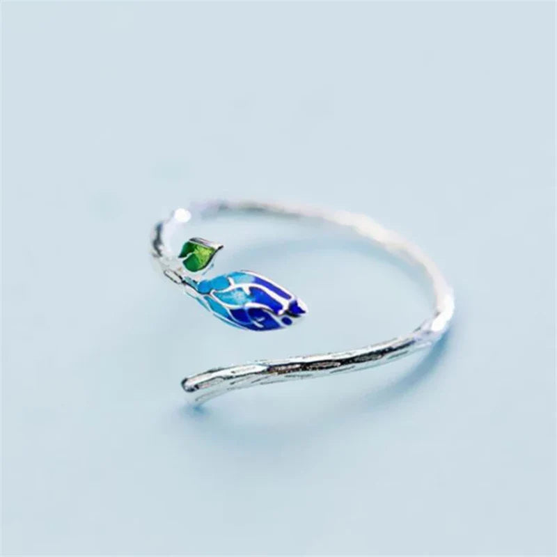 Zilveren Open Ring Bloemenbladeren Blauwgroen – Noor