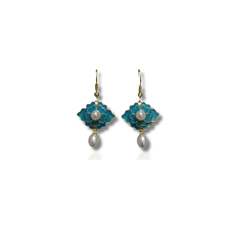 Vintage Blauwe Lotus Parel Oorbellen - Evangeline