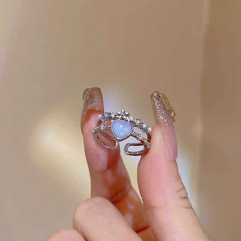 Verstelbare Ring Zilver Maansteen Hart Bloemaccenten – Fleur