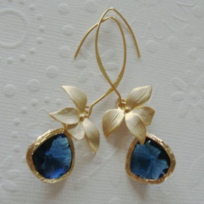 Vergulde Hangende Oorbellen Bloem Blauw – Linde