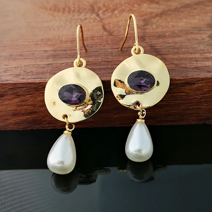Vintage Gouden Paarse Zirconia Parel Oorbellen - Norma
