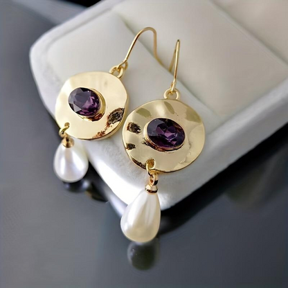 Vintage Gouden Paarse Zirconia Parel Oorbellen - Norma