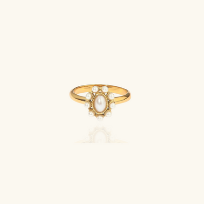 Vergulde Zonnebloem Ring met Witte Parel - Janice