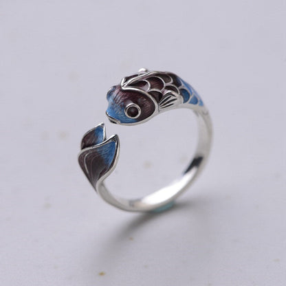 Verstelbare Zilveren Ring Koi Vis Blauw Bruin – Lotte