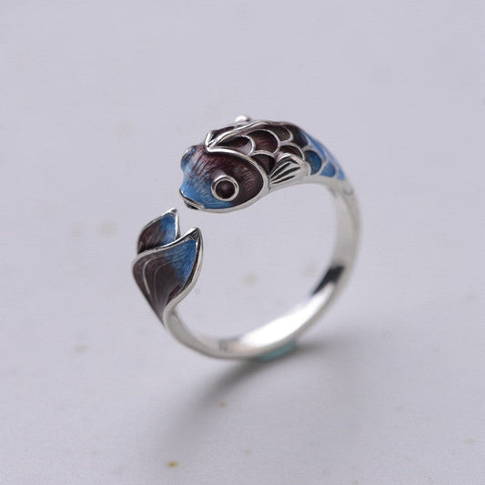 Verstelbare Zilveren Ring Koi Vis Blauw Bruin – Lotte