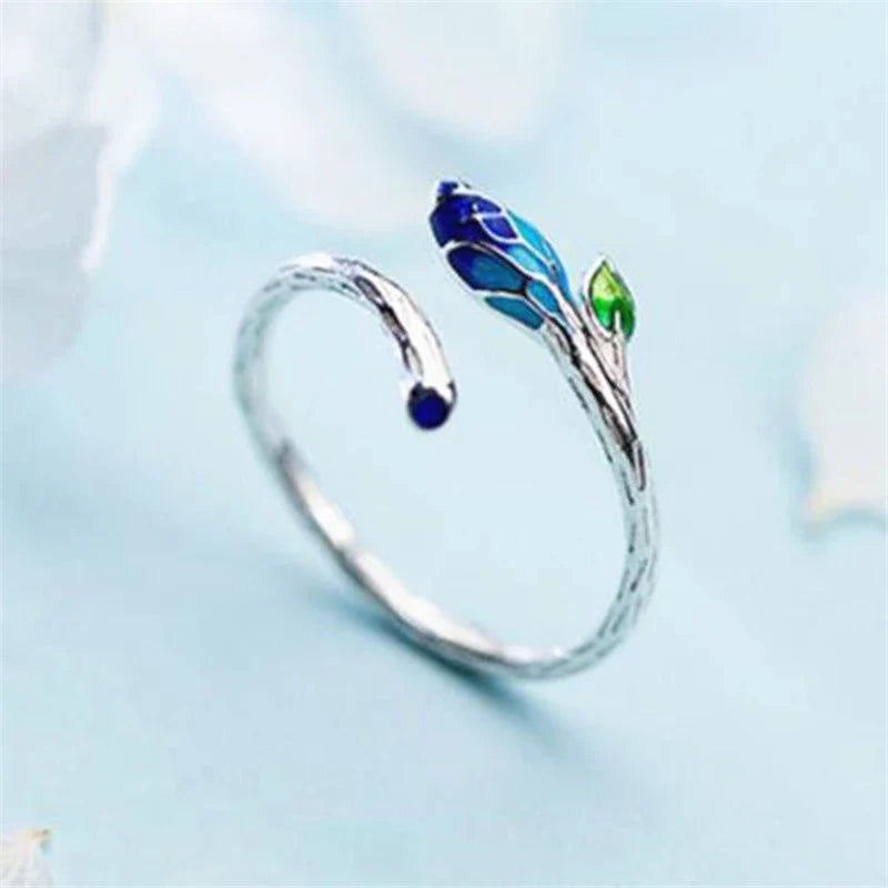 Zilveren Open Ring Bloemenbladeren Blauwgroen – Noor
