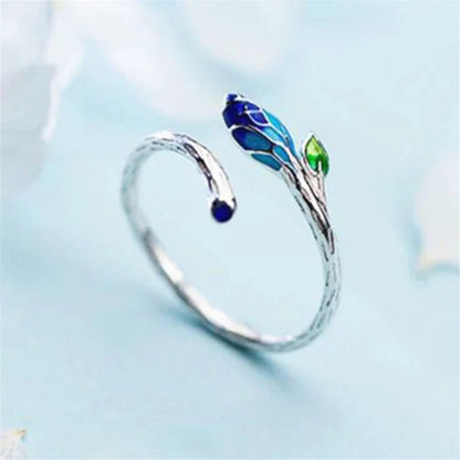 Zilveren Open Ring Bloemenbladeren Blauwgroen – Noor