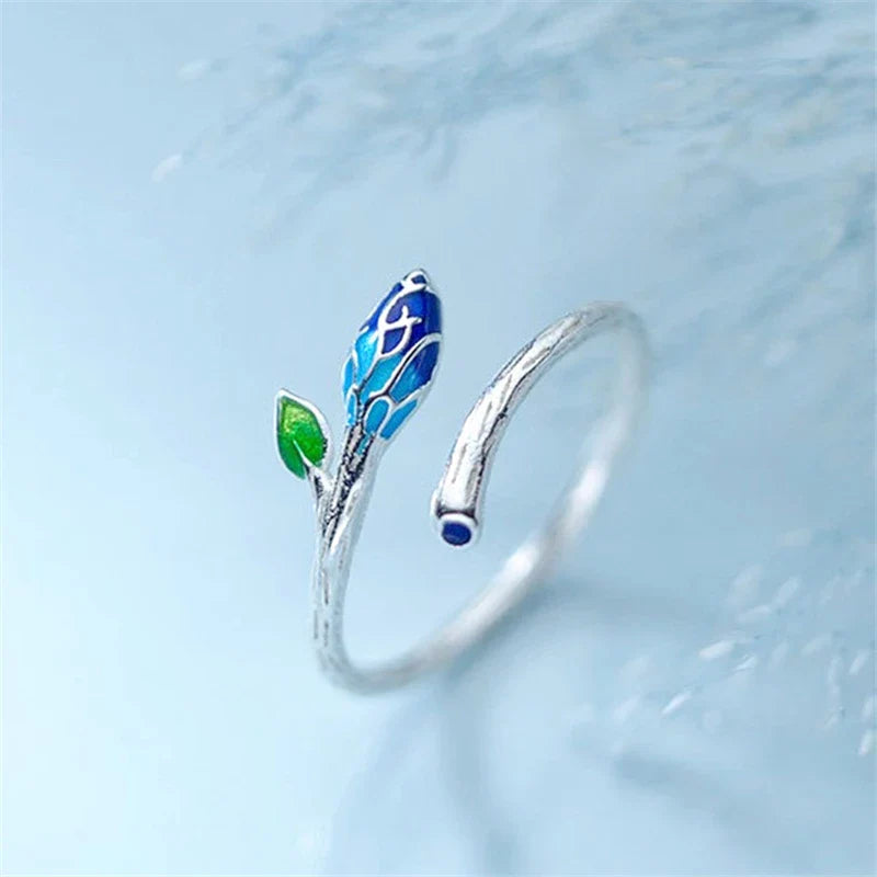 Zilveren Open Ring Bloemenbladeren Blauwgroen – Noor