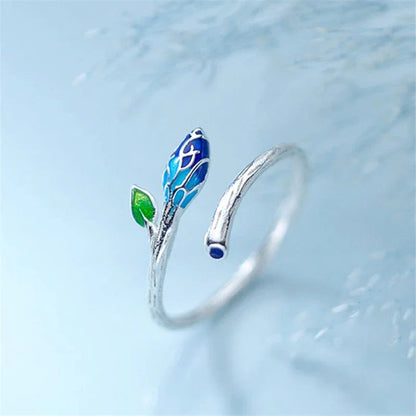 Zilveren Open Ring Bloemenbladeren Blauwgroen – Noor
