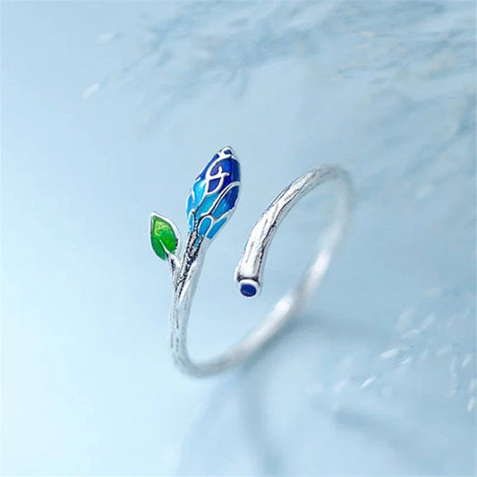 Zilveren Open Ring Bloemenbladeren Blauwgroen – Noor