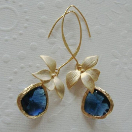 Vergulde Hangende Oorbellen Bloem Blauw – Linde