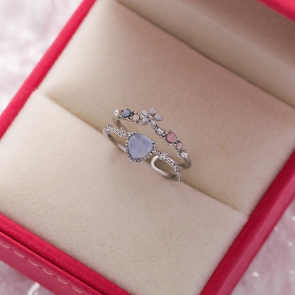 Verstelbare Ring Zilver Maansteen Hart Bloemaccenten – Fleur