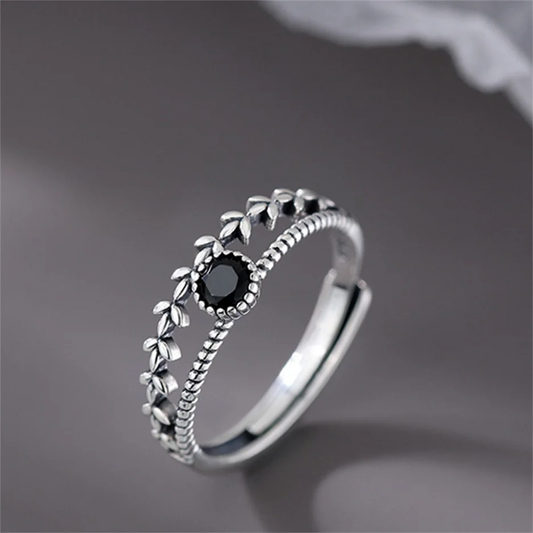 Zilveren Ring Bladmotief Zwarte Onyx Steen – Fleur